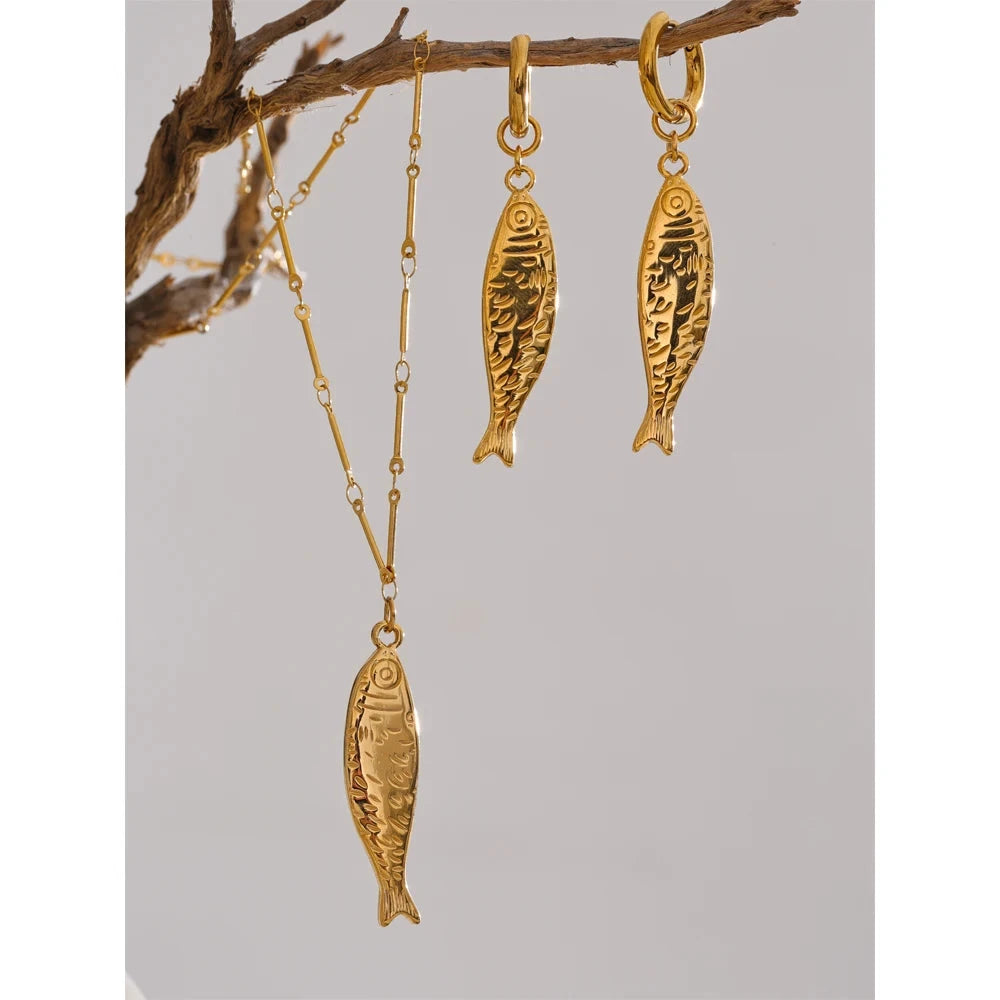 Ocean Stainless Steel Metal Fish Pendant Necklace Earrings Rust Proof Golden PVD Plated Trendy Fashion Jewelry by PoisedMe