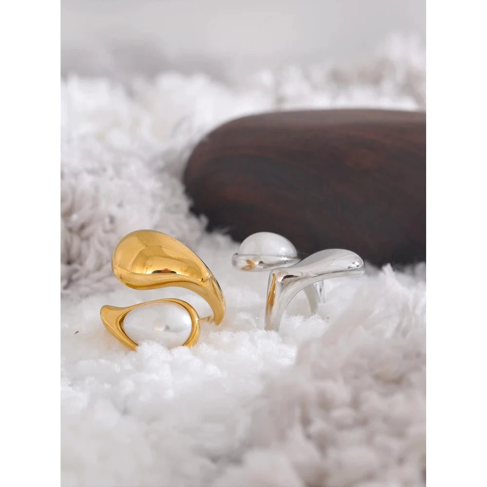 Fashion Imitation Pearl Water Drop Finger Ring Women 316L Stainless Steel Elegant Gold Platinum Plated Jewelry by PoisedMe