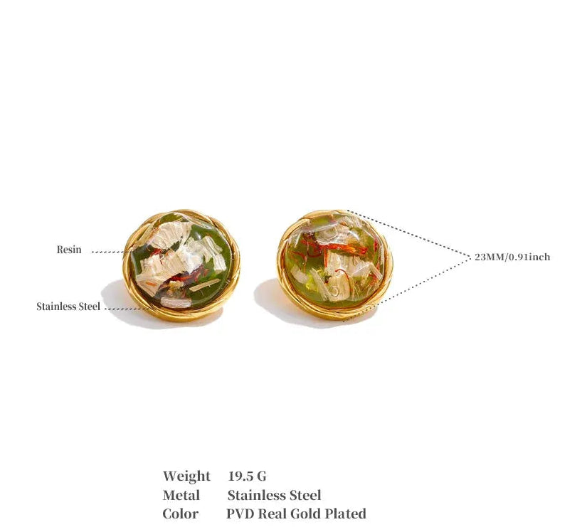 Poised Me 3 Color Stainless Steel Resin Round Stud Earrings Golden PVD Waterproof Plated Fashion Daily Korean Jewelry Earrings -