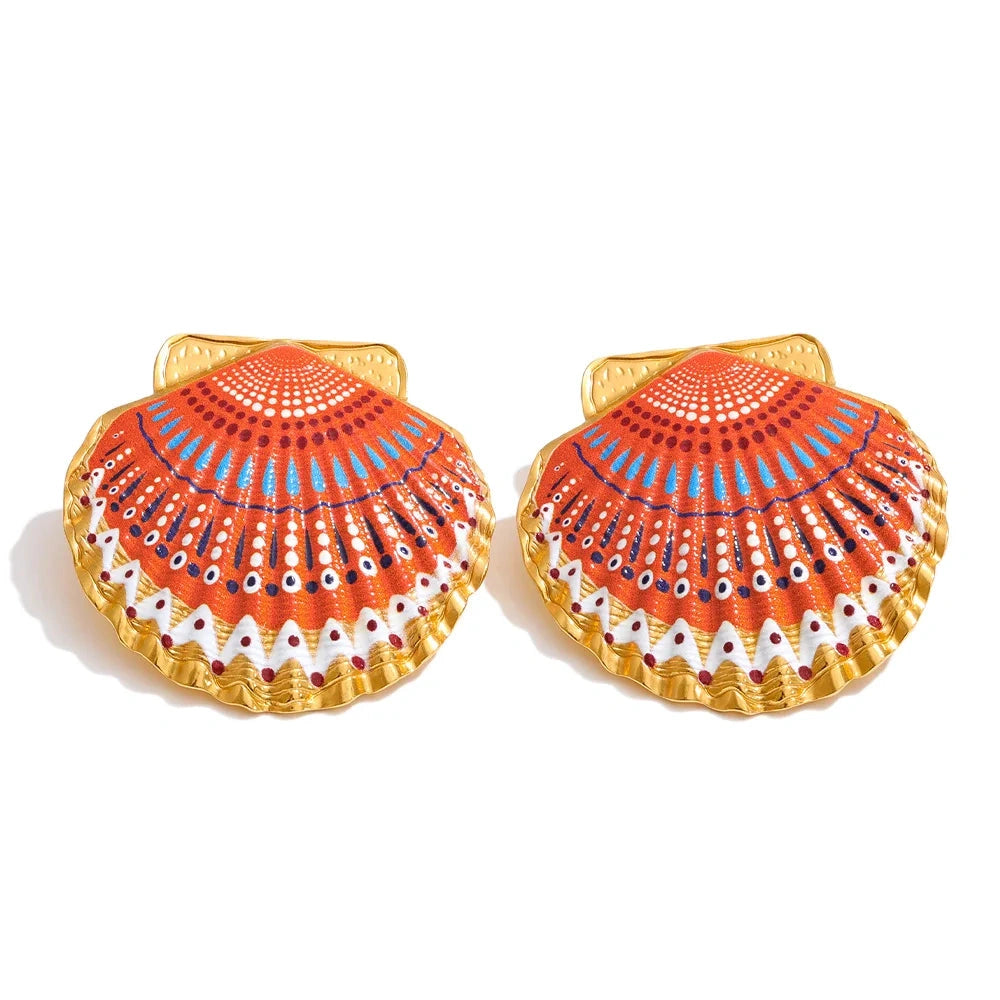 Ocean Style Stainless Steel Enamel Y2K Metal Shell Big Stud Earrings for Women Summer Statement Jewelry 2026 PVD Plated by PoisedMe
