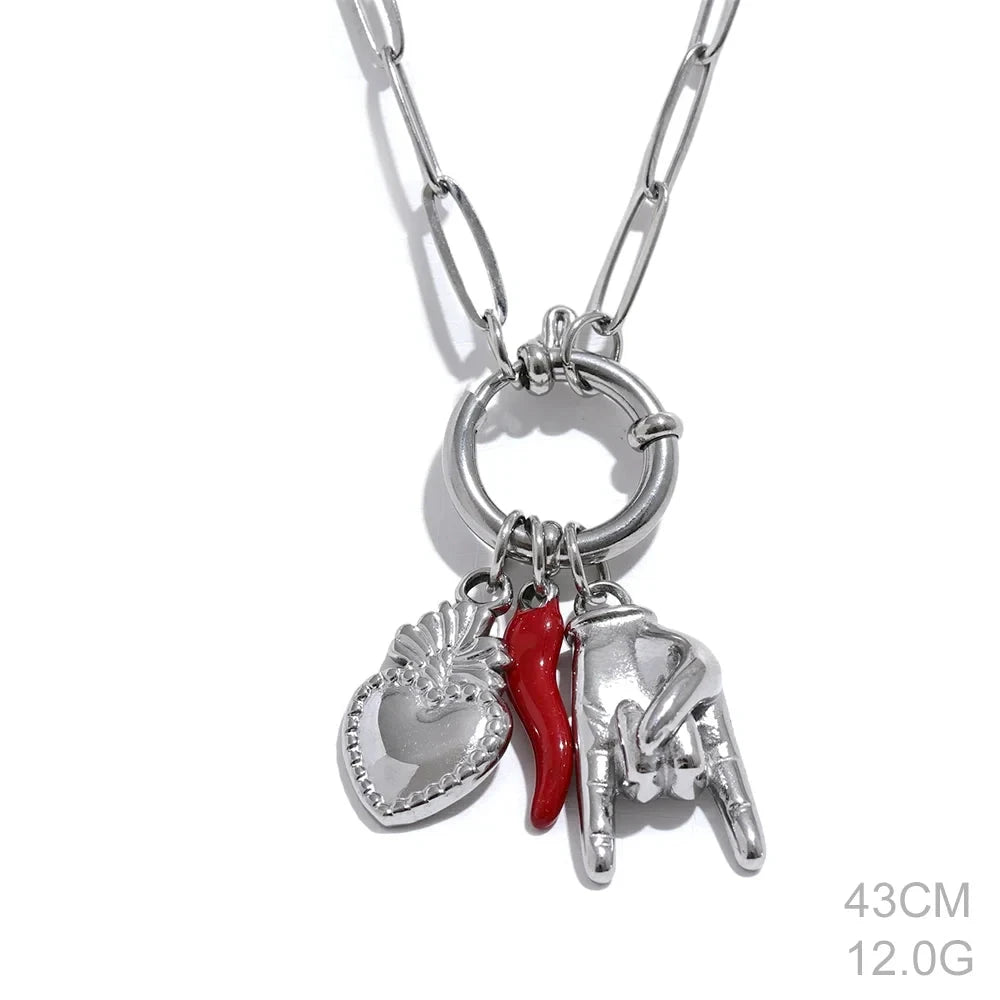 316L Stainless Steel Palm Red Chili Heart Charm Pendant Necklace For Women by PoisedMe