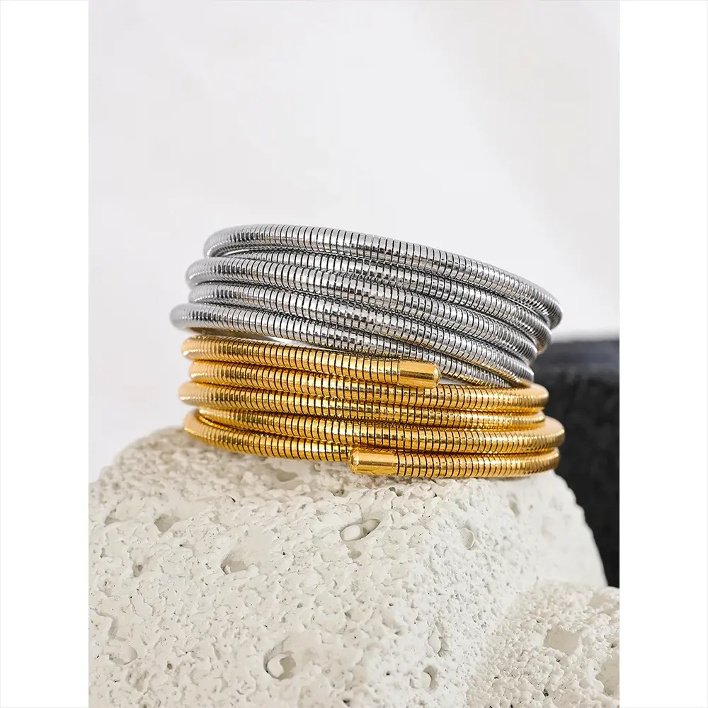 PoisedMe Yhpup Stainless Steel Stackable Multi-Layer Wrap Arm Bracelet Bangle Metal Elastic Waterproof Fashion Unisex Jewelry Men Women -
