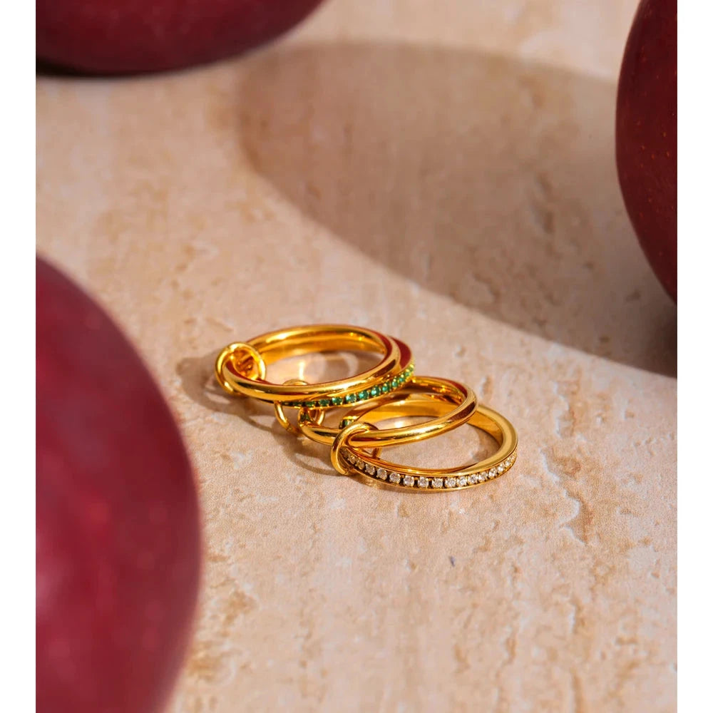 White & Green Zirconia 4-Layer Stacked Ring – 18K Gold PVD Plated Stainless Steel Modern Statement Jewelry by PoisedMe