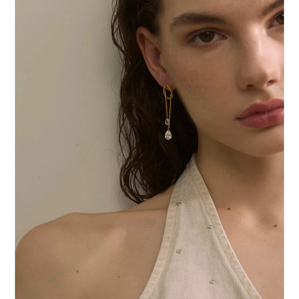 “Aurora” Tassel Drop Earrings – Gold Stainless Steel with Cubic Zirconia Crystals | Modern Geometric Dangle Jewelry by PoisedMe