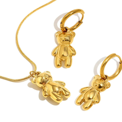 316L Stainless Steel 3D Bear Pendant Necklace Earrings Women's Charm 18K Gold Plated Jewelry High Quality Gift by PoisedMe