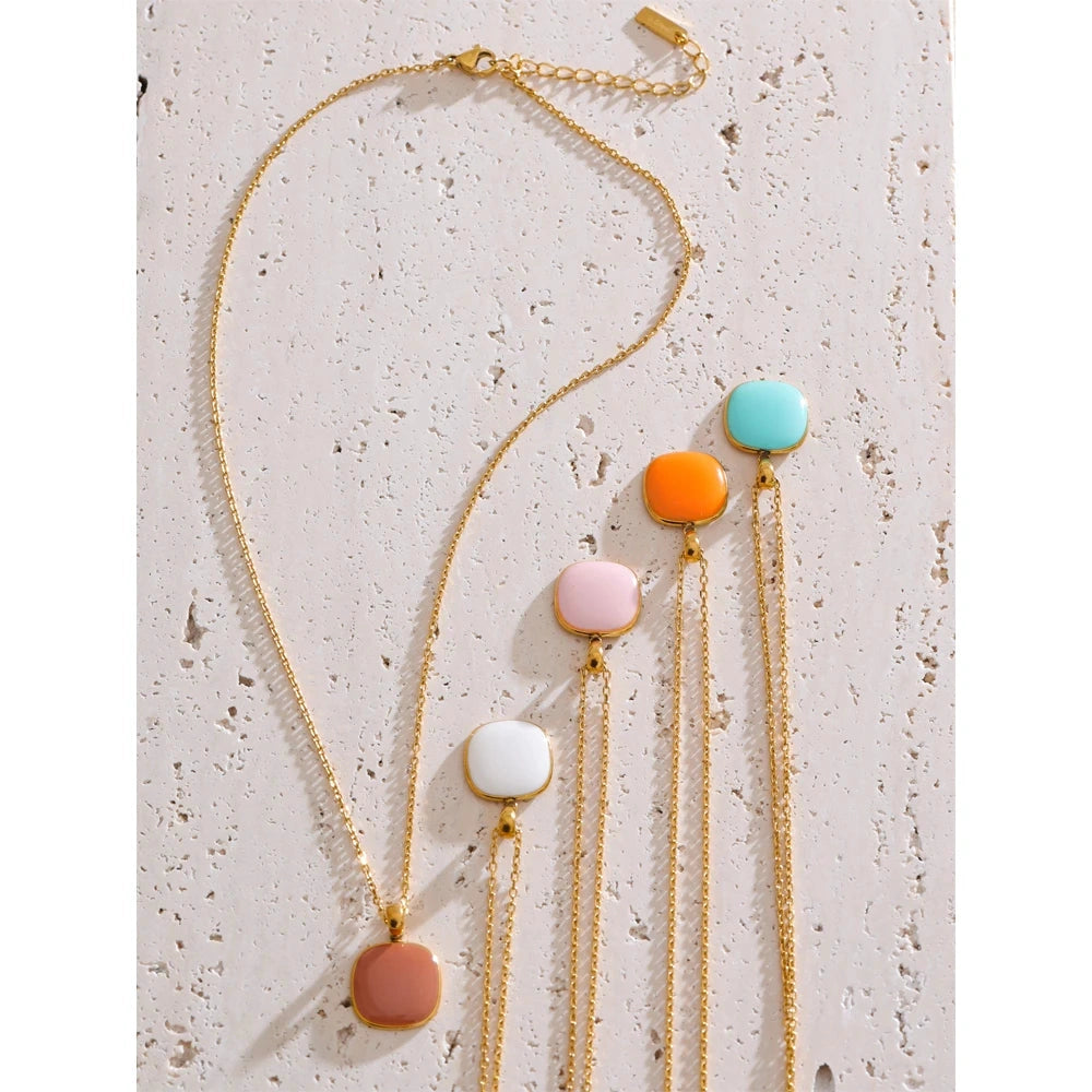 Candy Color Sweet Square Pendant Necklace Stainless Steel Gold Color PVD Plated Basic Fashion Jewelry for Women for Girl by PoisedMe