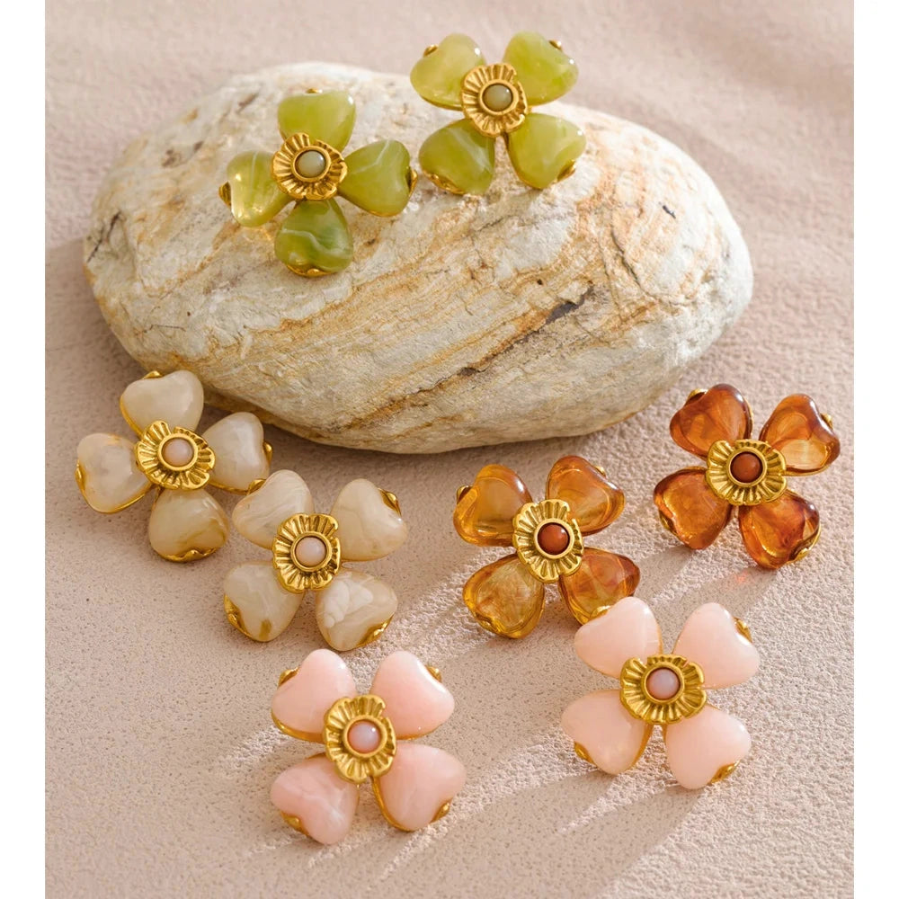 Acrylic Fashion Flower Pendant Necklace Adjustable Ring Earrings Set Stainless Steel Trendy Jewelry Gift Multi-color by PoisedMe