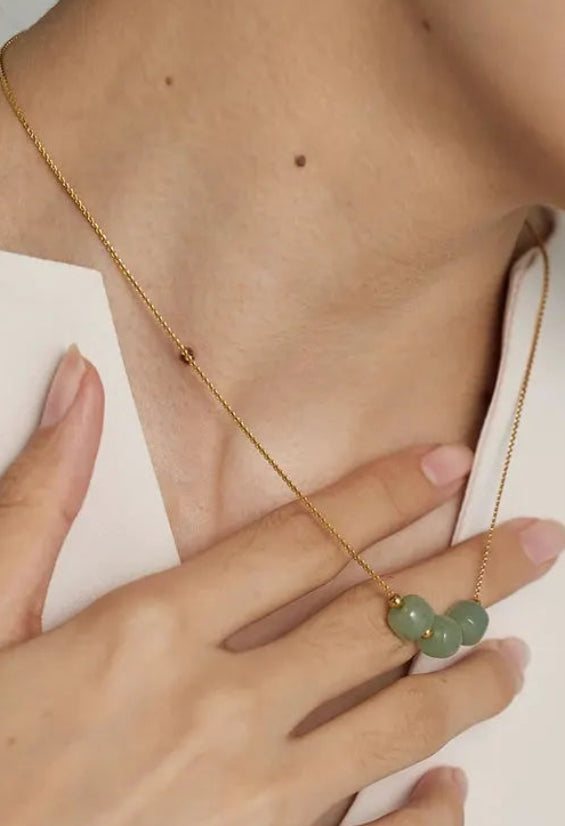 PoisedMe Stainless Steel Green Aventurine Pendant Necklace Stylish 18 K Plated Metal Collar Necklace бежутерия женская колье Gift -