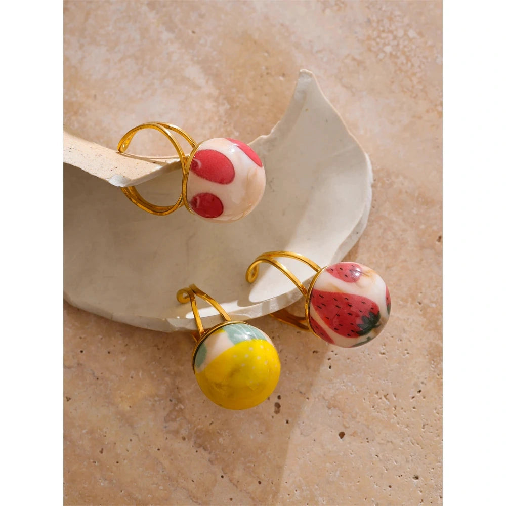 Candy Enamel Round Strawberry Pineapple Cherry Open Ring Adjustable Stainless Steel Exquisite Fashion Jewelry by PoisedMe