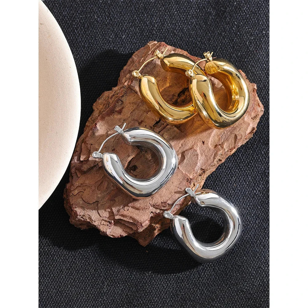 High Quality Stainless Steel Round Geometric Chunky Hoops Earrings for Women Charm Metal Simple Fashion Jewelry Waterproof by PoisedMe