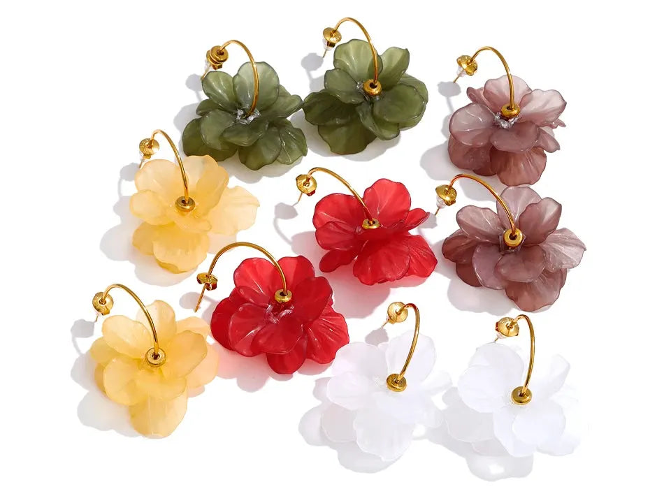 Resin Acrylic Flower Petal Drop 18K Gold PVD Plated Stainless Steel Earrings Multi Color by Poised Me Jewelry Studio