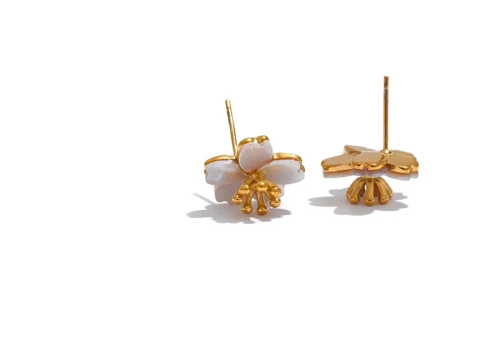 Golden Shell Flower Stud Earrings For Women Stainless Steel Hypoallergenic by Poised Me Jewelry Studio
