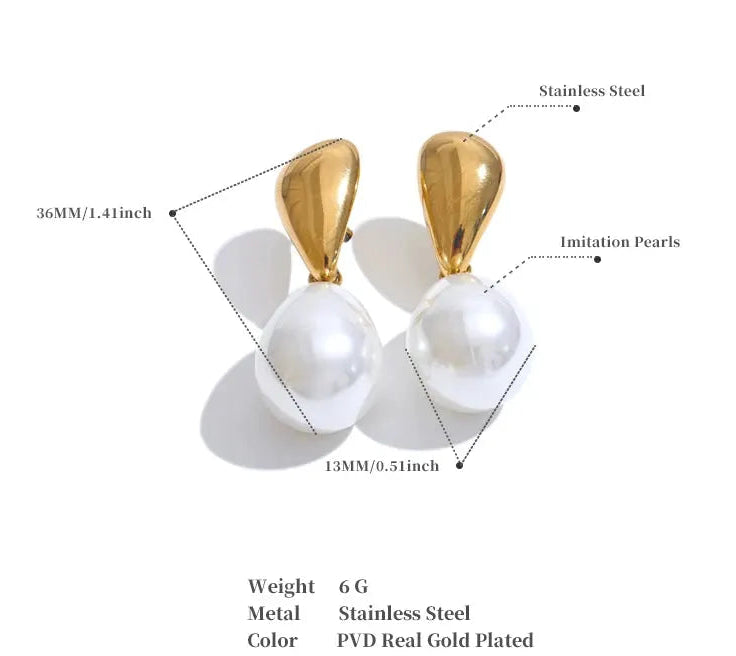 Geometric Drop Simulated Pearl Earrings Gold Tone 18K Gold PVD Plated Stainless Steel by Poised Me Jewelry Studio