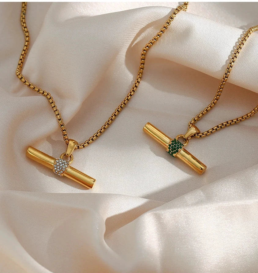 18K Gold Zircon T-Bar Necklace – Modern Waterproof Chain Jewelry by PoisedMe