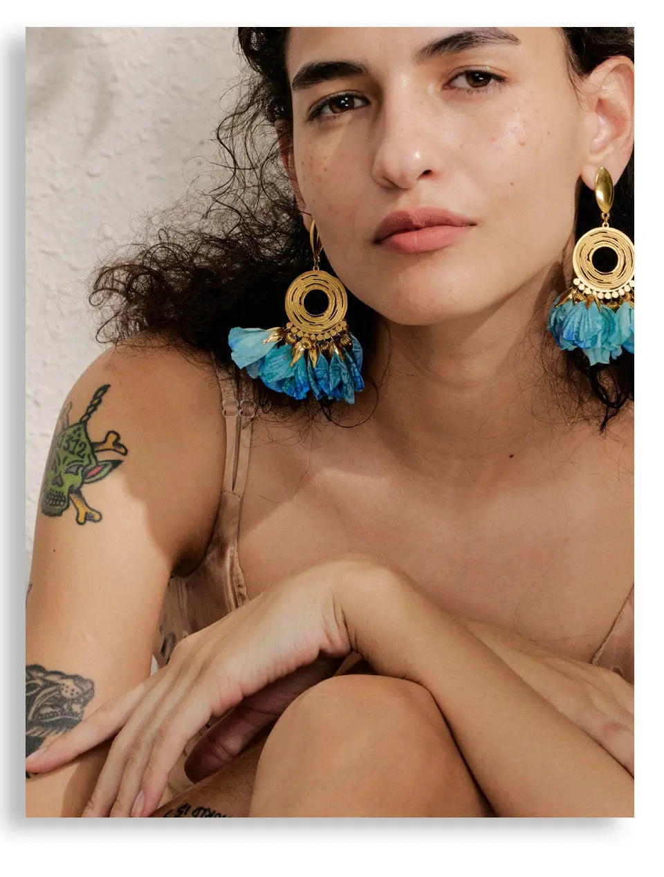 Bohemian Blue Cloth Flower Drop Handmade Jewelry 18K Gold PVD Plated Stainless Steel Earrings by Poised Me Jewelry Studio
