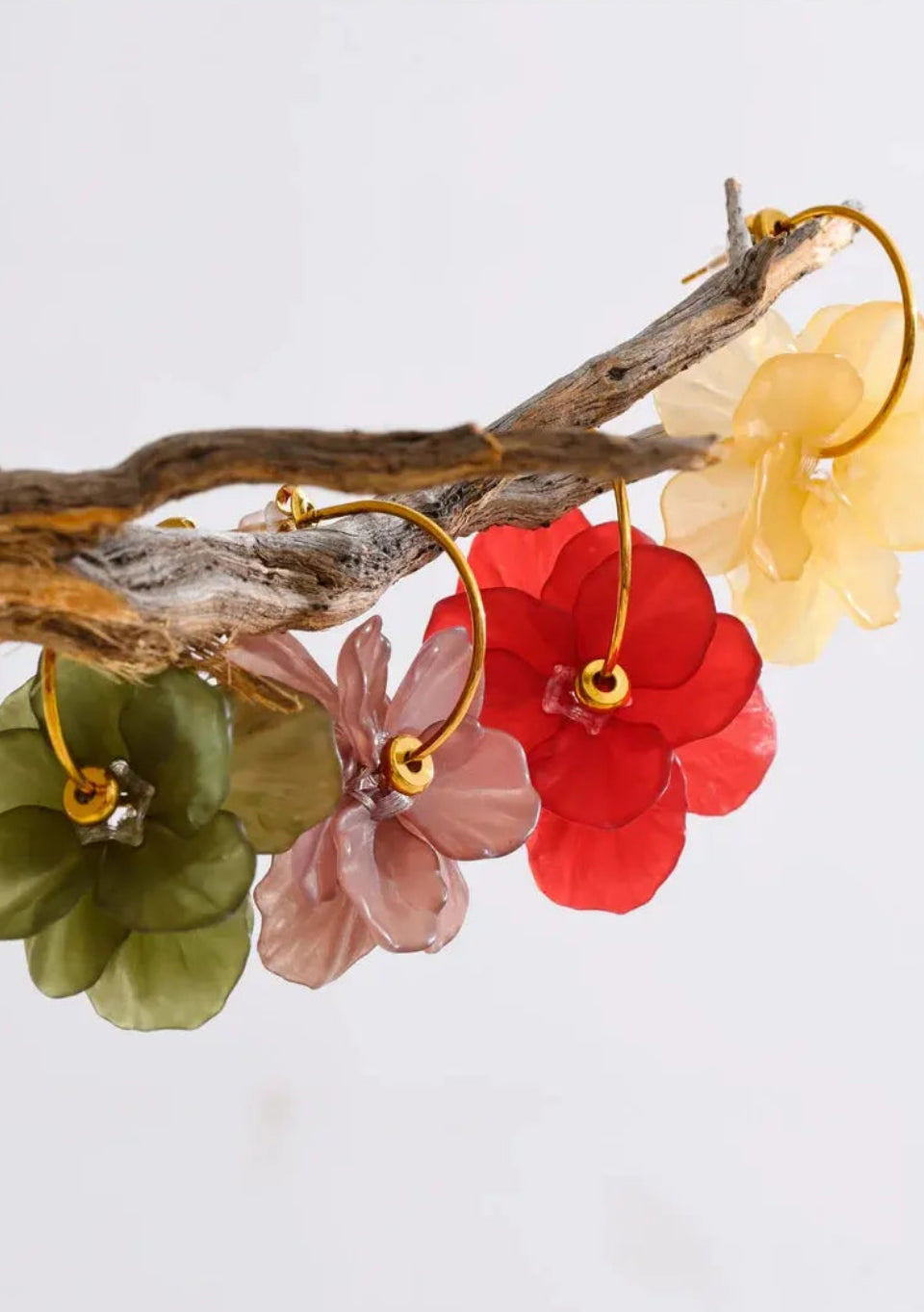 Resin Acrylic Flower Petal Drop 18K Gold PVD Plated Stainless Steel Earrings Multi Color by Poised Me Jewelry Studio