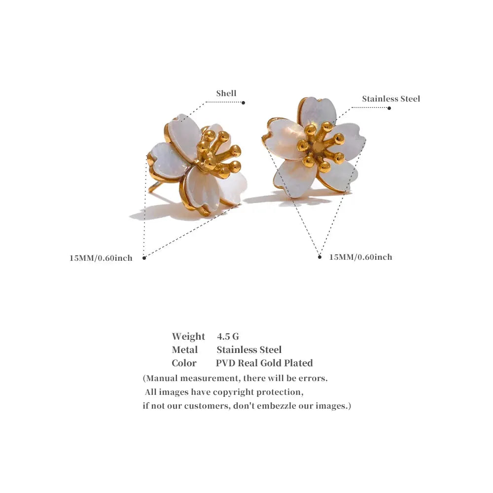 Golden Shell Flower Stud Earrings For Women Stainless Steel Hypoallergenic by Poised Me Jewelry Studio