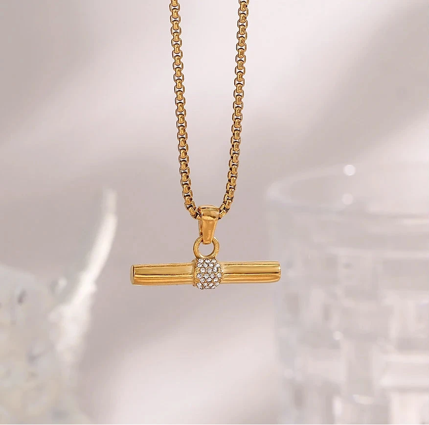 18K Gold Zircon T-Bar Necklace – Modern Waterproof Chain Jewelry by PoisedMe