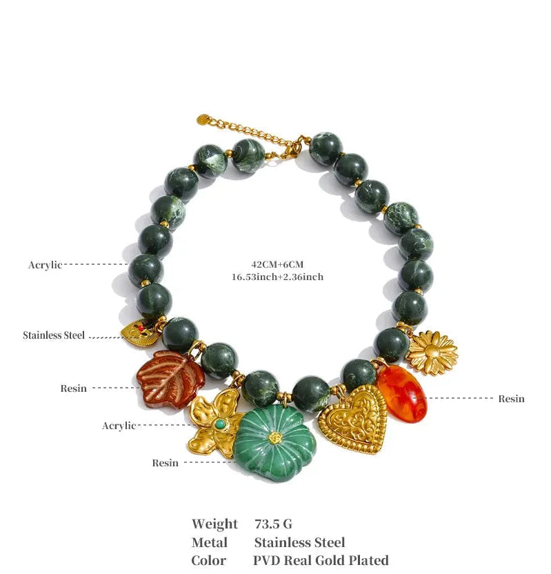 Green Acrylic Bead Necklace With Leaf Flower Heart Charms 18k Gold Plated PVD Stainless Steel by Poised Me Jewelry Studio