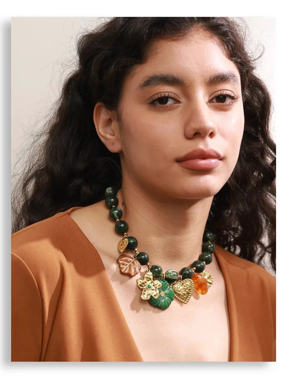 Green Acrylic Bead Necklace With Leaf Flower Heart Charms 18k Gold Plated PVD Stainless Steel by Poised Me Jewelry Studio