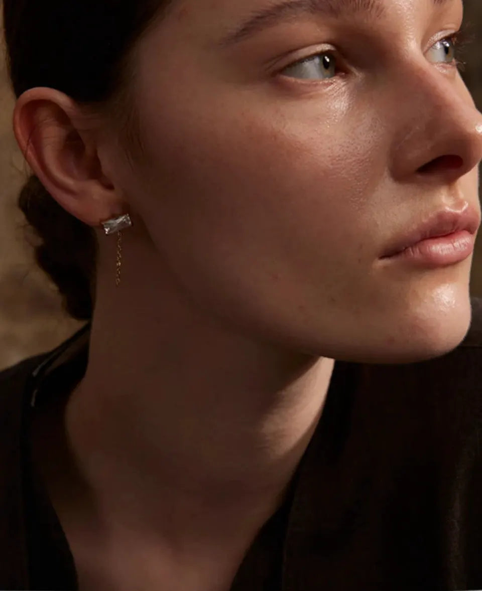 Gold Tone Cubic Zirconia Chain Drop Dangle 18K Gold PVD Plated Stainless Steel Earrings For Women by Poised Me Jewelry Studio