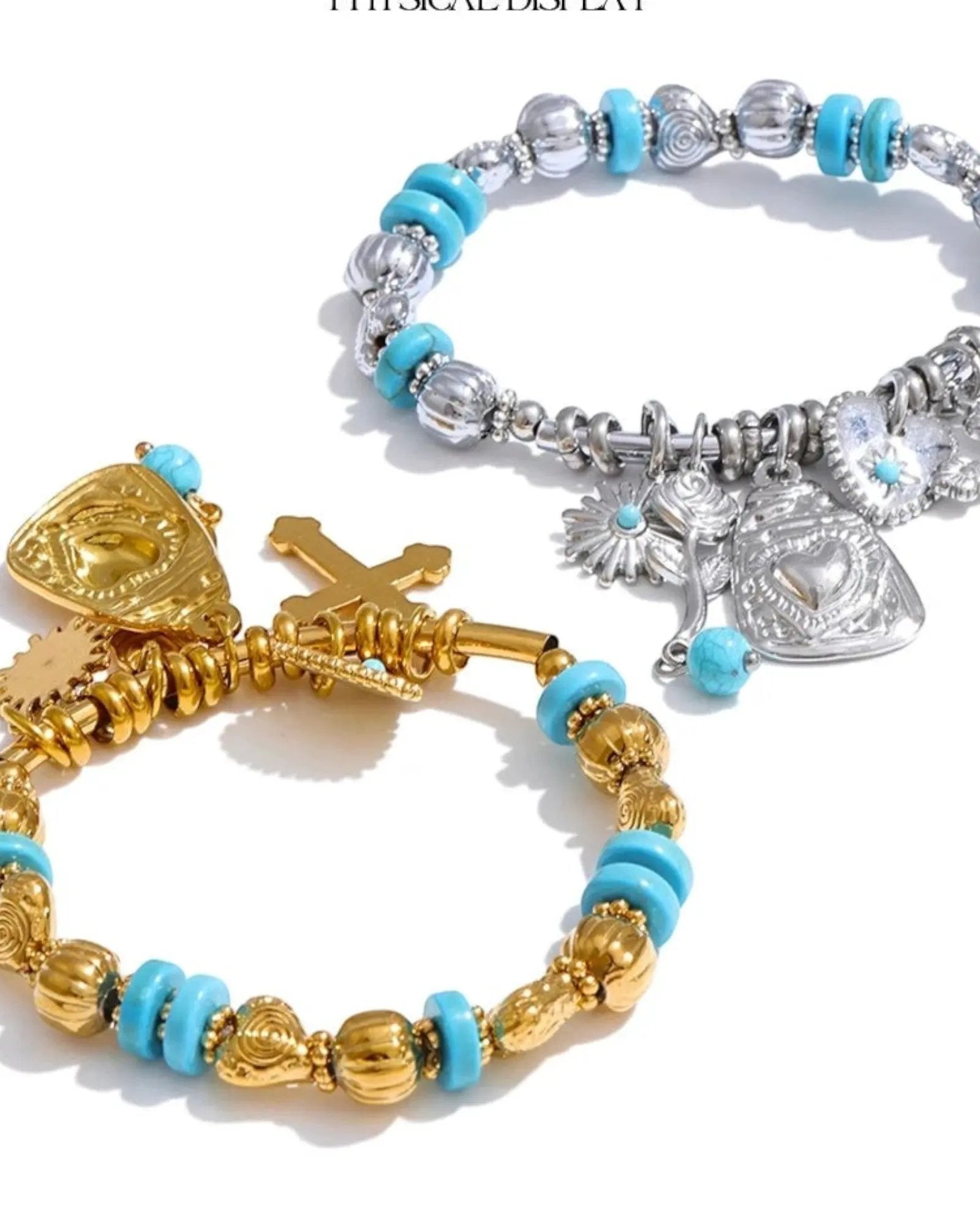Spain Vintage Stainless Steel Stone Bead Bracelet Heart Cross Flower Drop 18k Gold PVD Plated Stainless Steel by Poised Me Jewelry Studio