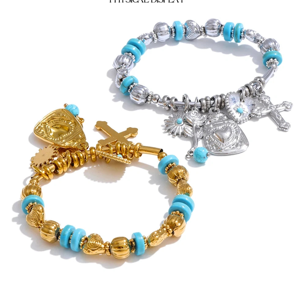PoisedMe Spain Vintage Stainless Steel Stone Bead Bracelet Heart Cross Flower Drop - Bracelets