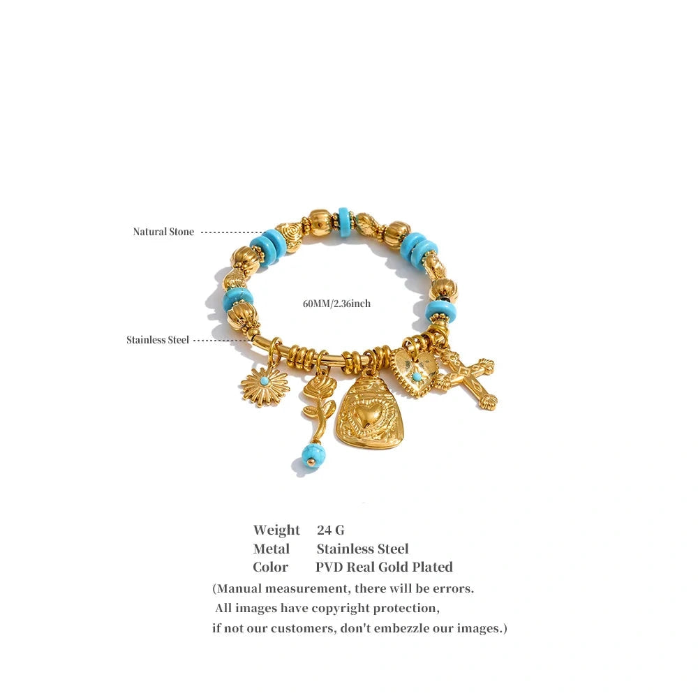 PoisedMe Spain Vintage Stainless Steel Stone Bead Bracelet Heart Cross Flower Drop - Bracelets