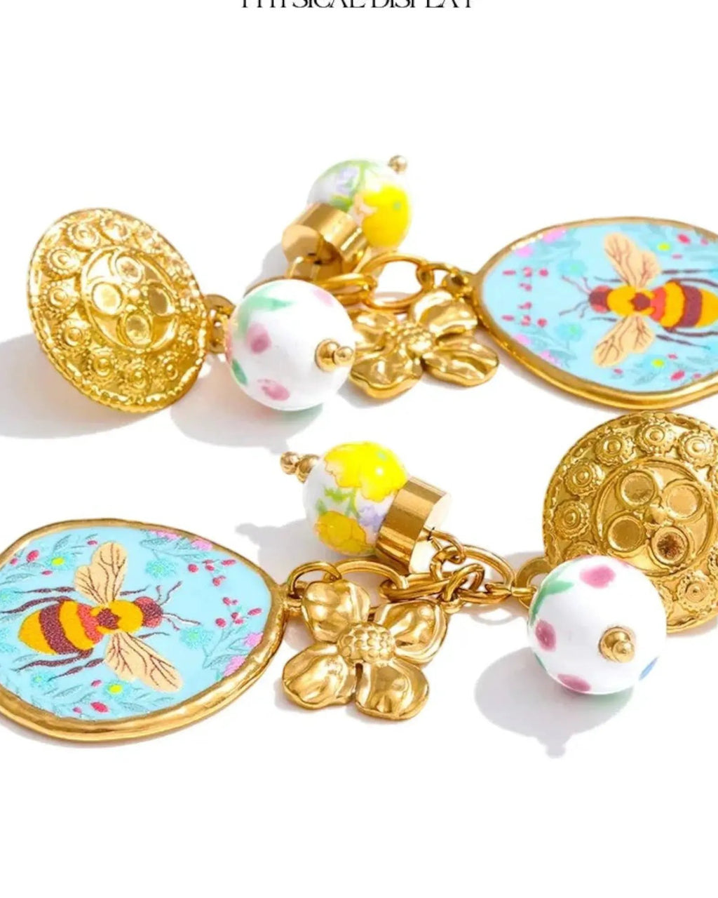 Ceramic Flower Honeybee Drop 18K Gold PVD Plated Stainless Steel Earrings by Poised Me Jewelry Studio