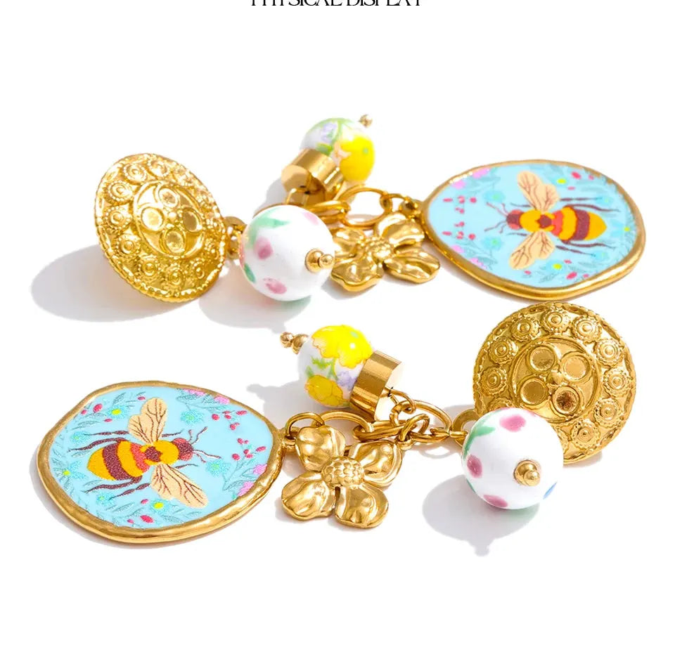 Ceramic Flower Honeybee Drop 18K Gold PVD Plated Stainless Steel Earrings by Poised Me Jewelry Studio