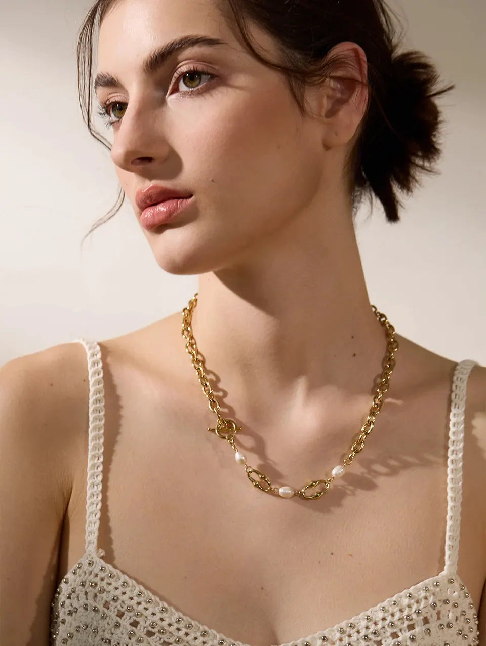 Freshwater Pearl And Metal Chain Necklace With 18K PVD Plated Accent by Poised Me Jewelry Studio
