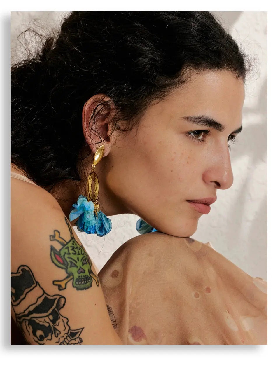 Bohemian Blue Cloth Flower Drop Handmade Jewelry 18K Gold PVD Plated Stainless Steel Earrings by Poised Me Jewelry Studio