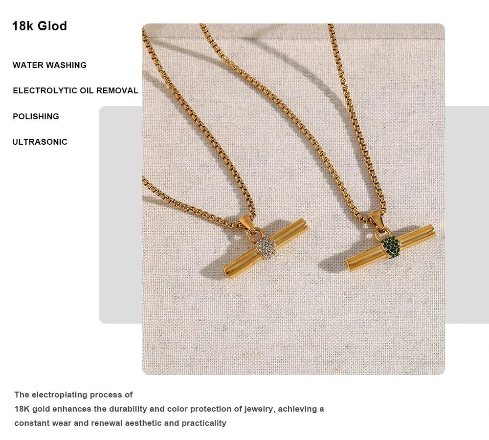 18K Gold Zircon T-Bar Necklace – Modern Waterproof Chain Jewelry by PoisedMe