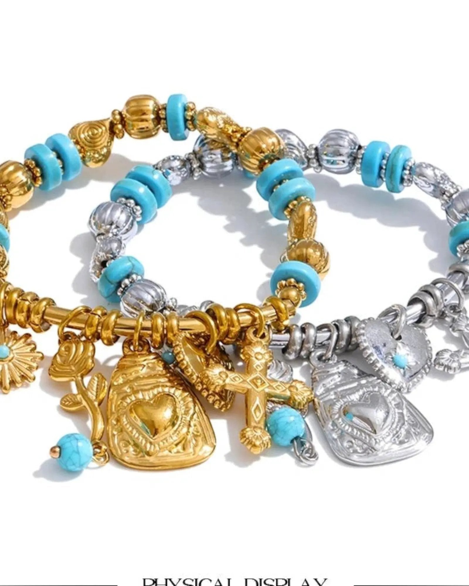 Spain Vintage Stainless Steel Stone Bead Bracelet Heart Cross Flower Drop 18k Gold PVD Plated Stainless Steel by Poised Me Jewelry Studio