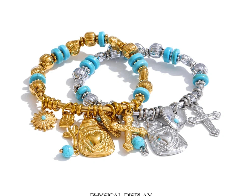 PoisedMe Spain Vintage Stainless Steel Stone Bead Bracelet Heart Cross Flower Drop - Bracelets
