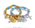 PoisedMe Spain Vintage Stainless Steel Stone Bead Bracelet Heart Cross Flower Drop - Bracelets