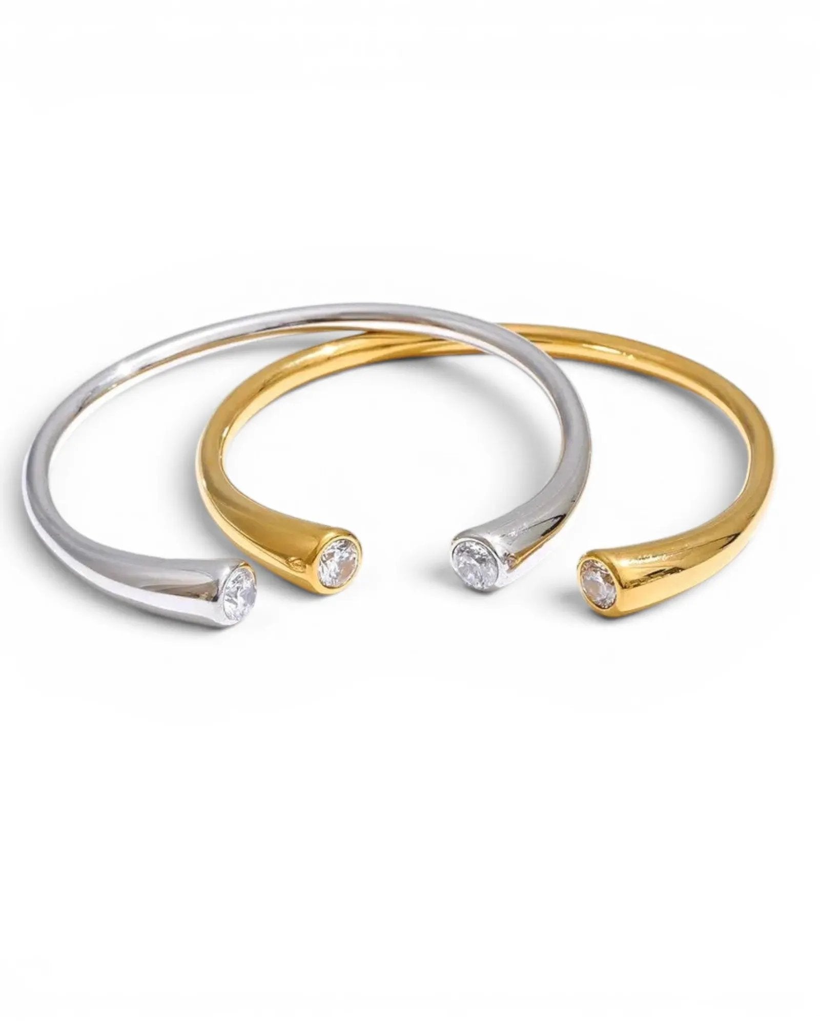 Cubic Zirconia 18K Gold PVD Plated Stainless Steel Open Cuff 60mm Bracelet For Women by Poised Me Jewelry Studio