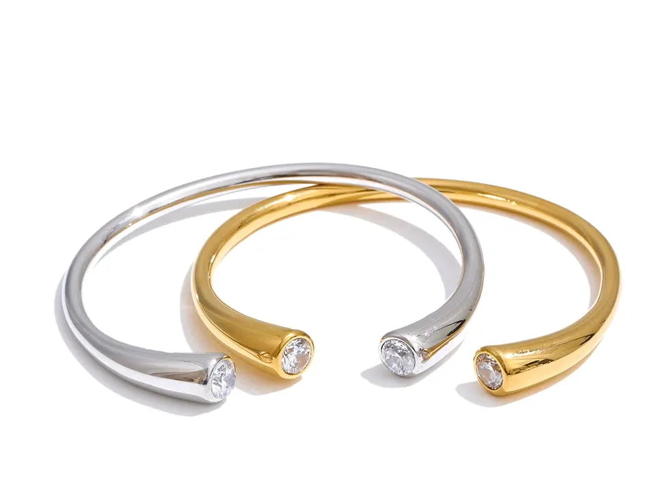 Cubic Zirconia 18K Gold PVD Plated Stainless Steel Open Cuff 60mm Bracelet For Women by Poised Me Jewelry Studio