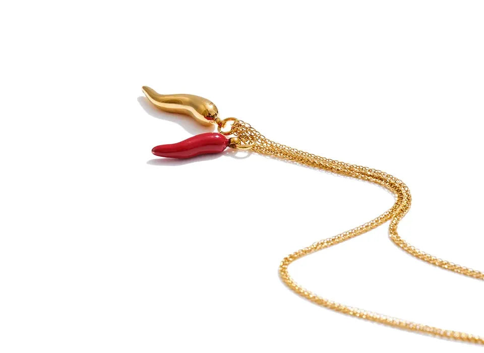 Enamel Red Chili Pepper Necklace Pendant Gold Plated Stainless Steel PVD Jewelry by Poised Me Jewelry Studio