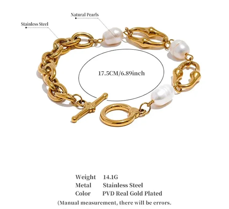 316L Natural Pearl Chain Bracelet 18k PVD Gold Plated Stainless Steel Toggle Clasp For Women by Poised Me Jewelry Studio