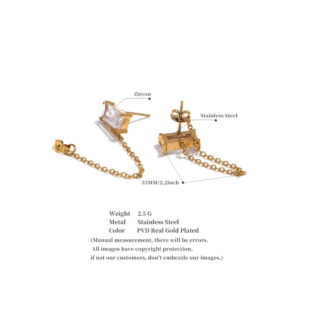 Gold Tone Cubic Zirconia Chain Drop Dangle 18K Gold PVD Plated Stainless Steel Earrings For Women by Poised Me Jewelry Studio