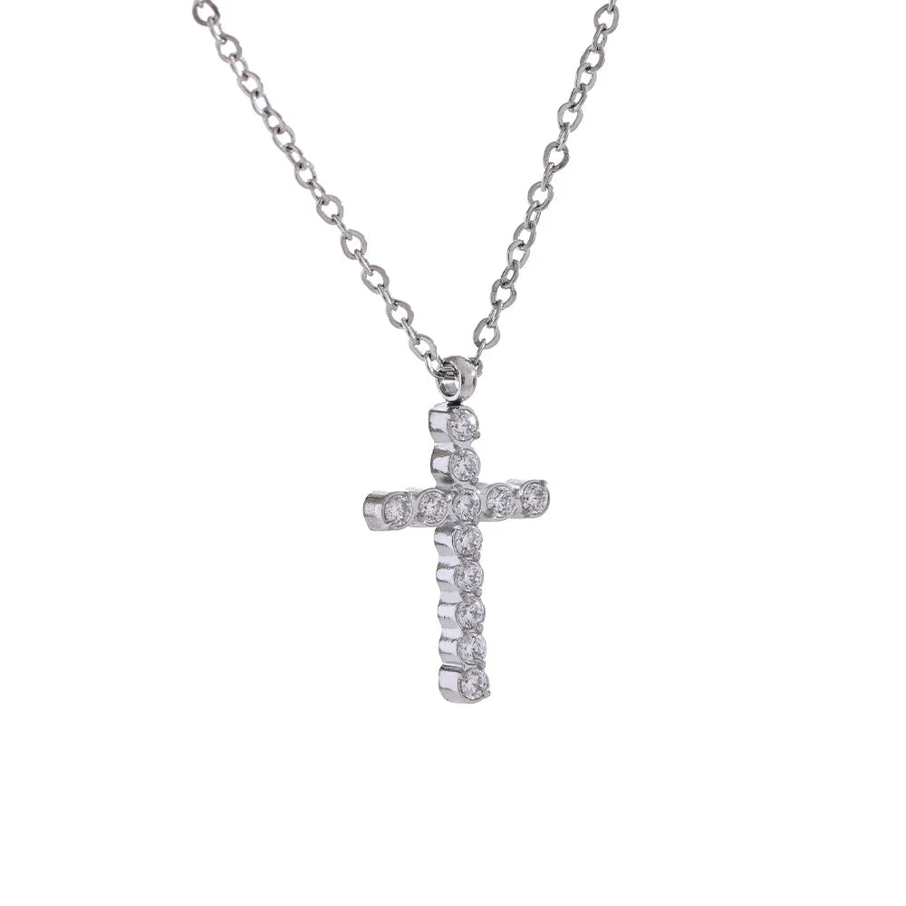 Cubic Zirconia Cross Pendant Necklace – 18K Gold or Silver Stainless Steel | Elegant, Water-Resistant Jewelry for Women by PoisedMe