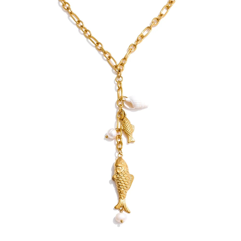 Yhpup Natural Pearls Shell Fish Pendant Chain Necklace 18K Golden PVD Plated Fashion Stainless Steel Charm Waterproof Jewelry by PoisedMe