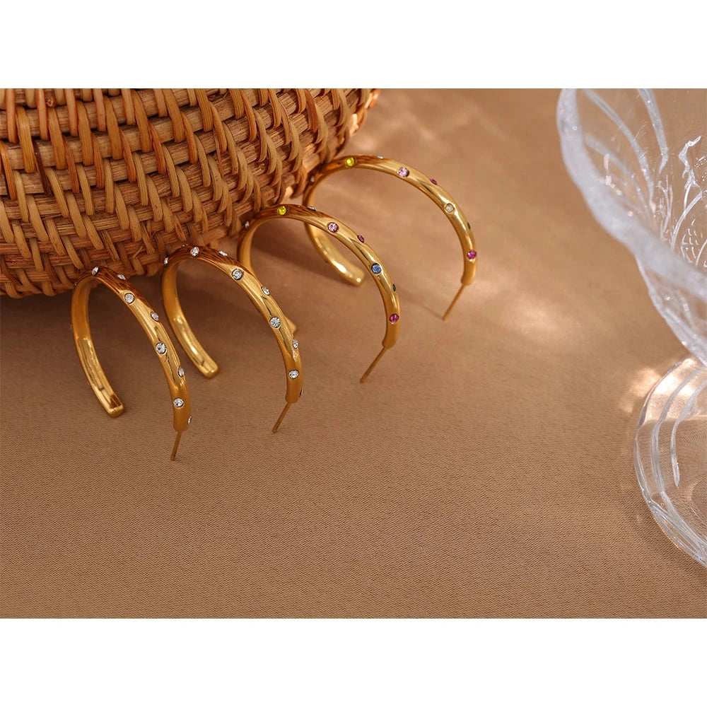 Stainless Steel Round Circle Big Hoop Earrings Delicate Cubic Zirconia Fashion PVD-18k-Plated Geometric Golden Earrings by PoisedMe