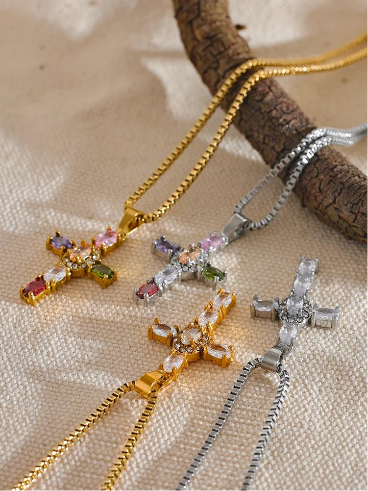 Cubic Zirconia Cross Necklace – Multicolor or Silver-Plated Luxury Pendant by PoisedMe