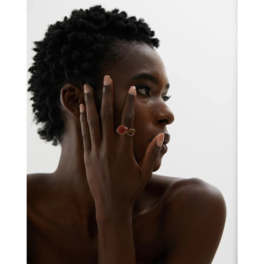 Vintage Natural Stone Geometric PVD Gold Plated Stainless Steel Boho Ring Charm WaterProof Women Finger Jewelry кольцо by PoisedMe