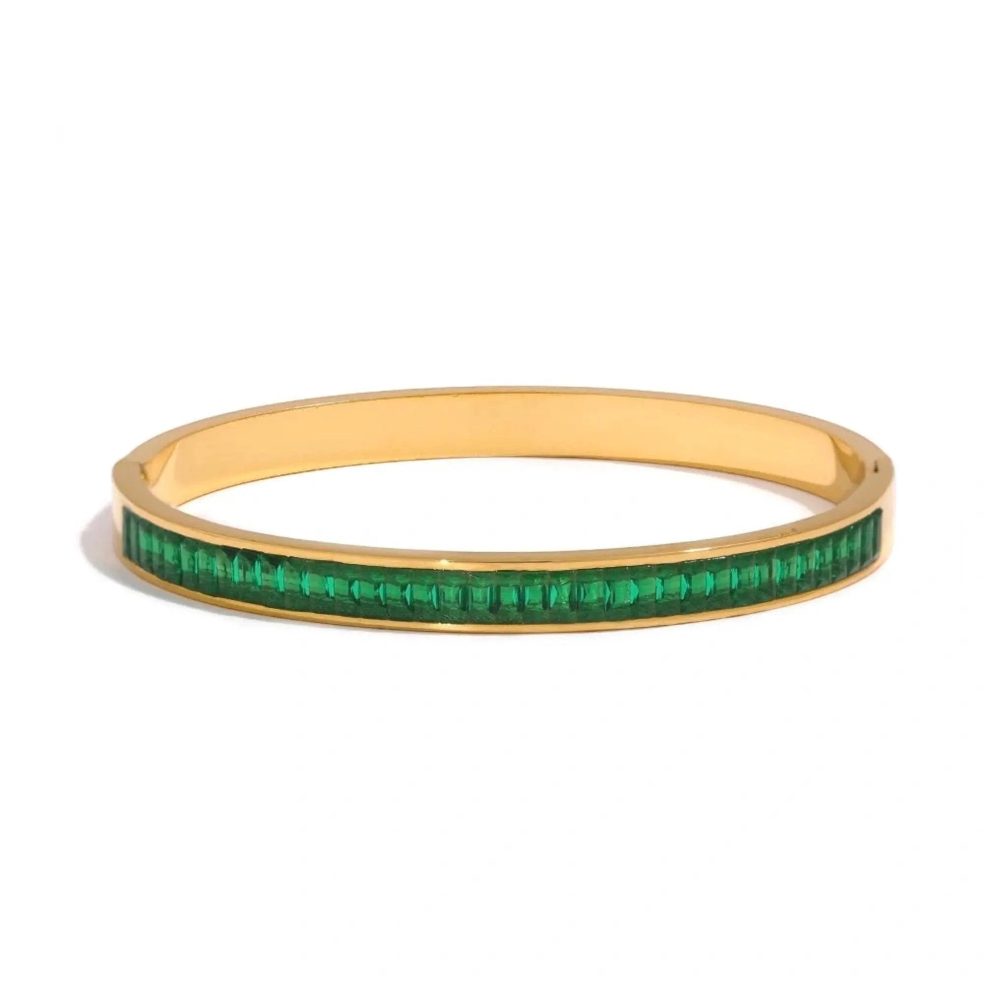 PoisedMe Emerald Green Cubic Zirconia Bangle Bracelet For Women 18K Gold Plated Steel - Bracelets