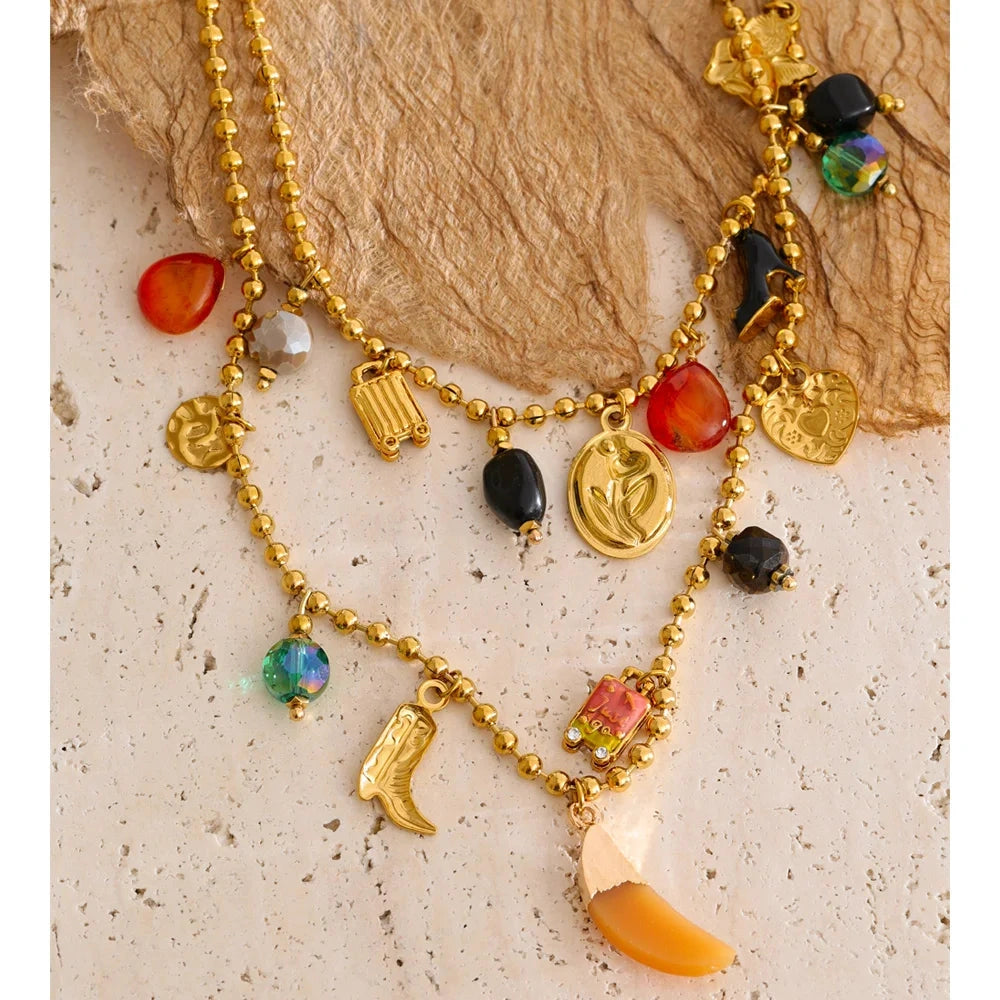 PoisedMe Resin Acrylic Stone Heart Flower High Heels Drop Charms Necklace Stylish Unique Stainless Steel Double-Layer Chain Jewelry -