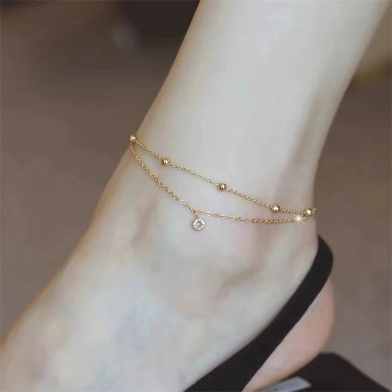 Kuziduocai 100% Stainless Steel New Fashion Jewelry 18K Gold-plated Minimalism 2-Layer Beading Zircon Charm Women Anklet Chain by PoisedMe