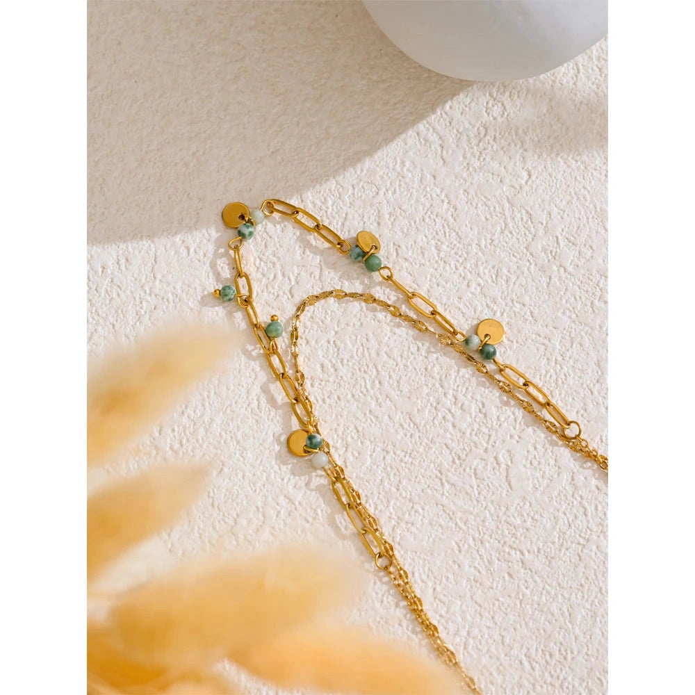 PoisedMe  Exquisite Stainless Steel Green Natural Stone Double-Layer Chain Stacking Necklace for Women High Quality Jewelry Gift -